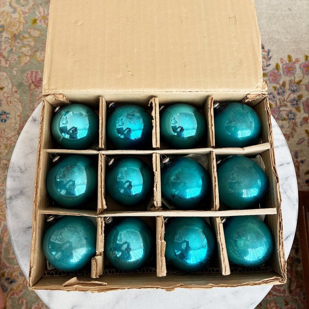 Vintage Box of 12 Christmas Glass Ball Ornaments Japan Aqua Mercury Glass
